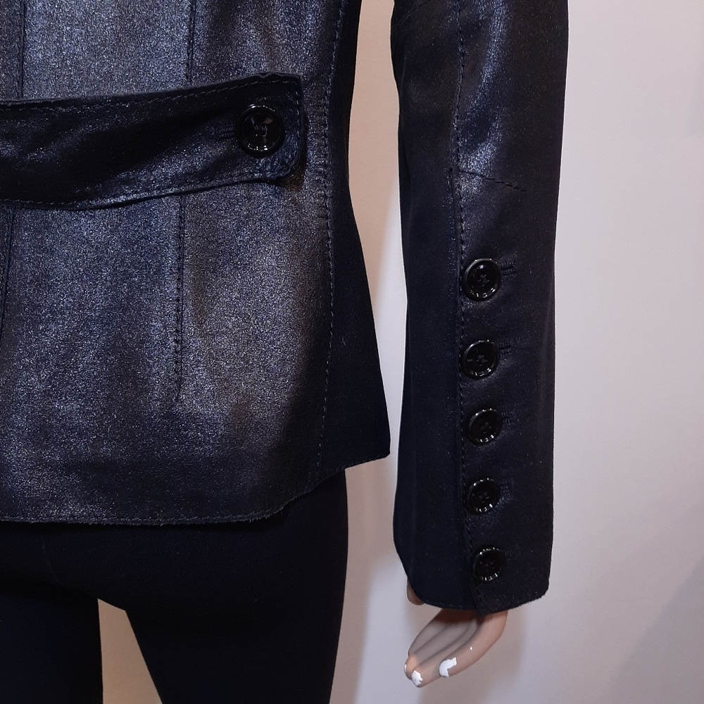 Anne Klein Coated Geniune Leather Jacket Moto Style Single Breasted Black Medium - Picture 10 of 15